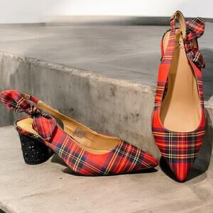 Torrid 10W Betsey Johnson Punk Rockabilly Red Plaid Cylinder‎ 3.75" Heel Pump